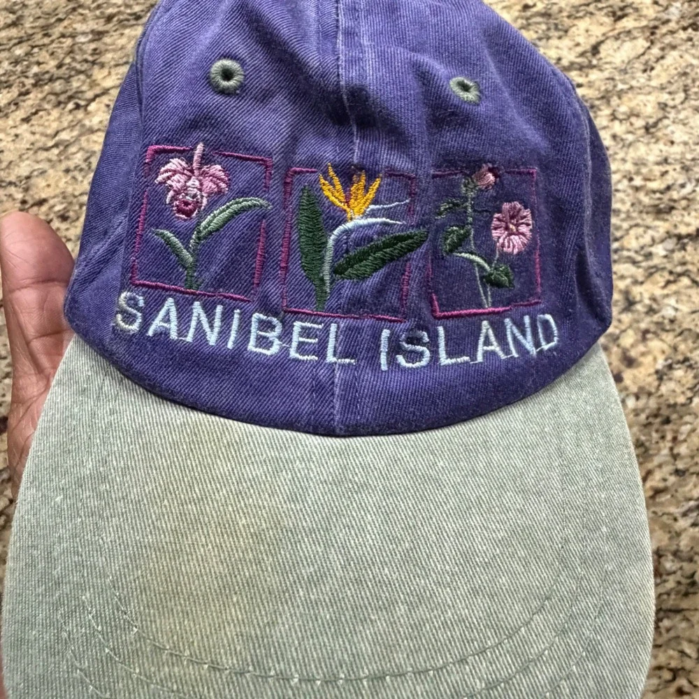 SCI Junior Sanibel Island Embroidered Floral Hat Girls Purple Green Cotton Cap
